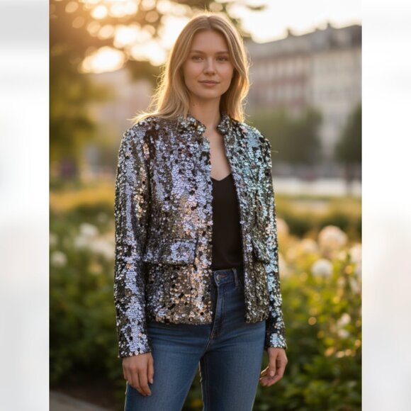 NWOT ZARA All Over Heavy Sequins Bloggers Fave Jacket / Blazer Black Medium Wool - Picture 1 of 12